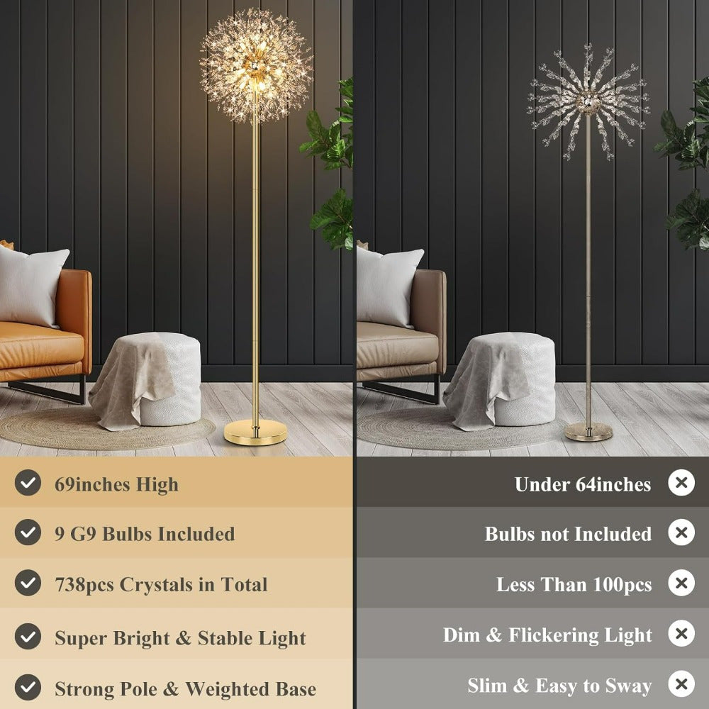 Beslowe 69'' Crystal Floor Lamp for Living Room, Modern Standing Lamp with 738pcs K9 Crystals, Tall Lamp Pole Light for Bedroom Office, Mid Century Golden Floor Lighting with 9 LED Bulbs, Antique Brass