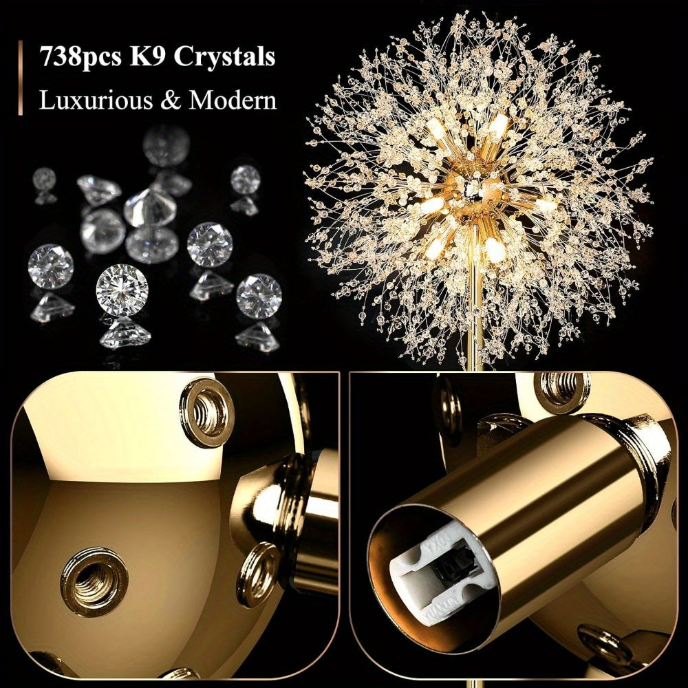 Beslowe 69'' Crystal Floor Lamp for Living Room, Modern Standing Lamp with 738pcs K9 Crystals, Tall Lamp Pole Light for Bedroom Office, Mid Century Golden Floor Lighting with 9 LED Bulbs, Antique Brass