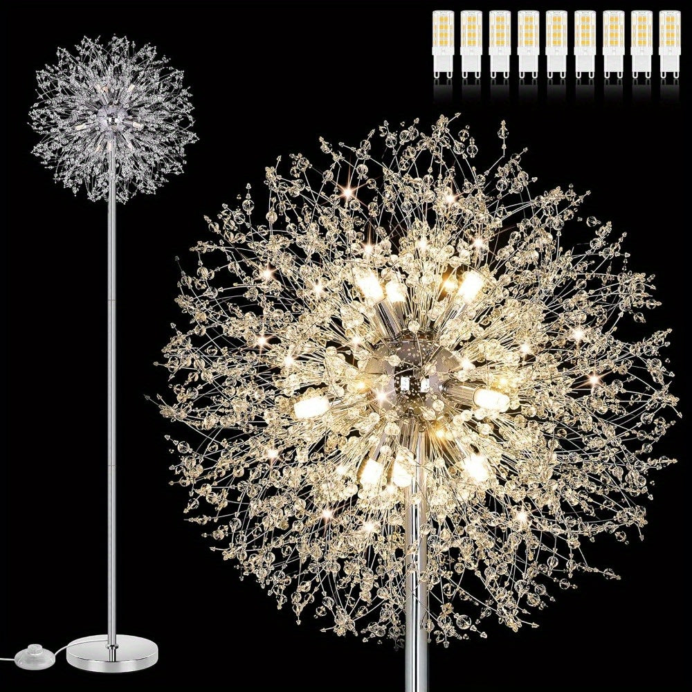 Beslowe 69'' Crystal Floor Lamp for Living Room, Modern Standing Lamp with 738pcs K9 Crystals, Tall Lamp Pole Light for Bedroom Office, Mid Century Golden Floor Lighting with 9 LED Bulbs, Antique Brass