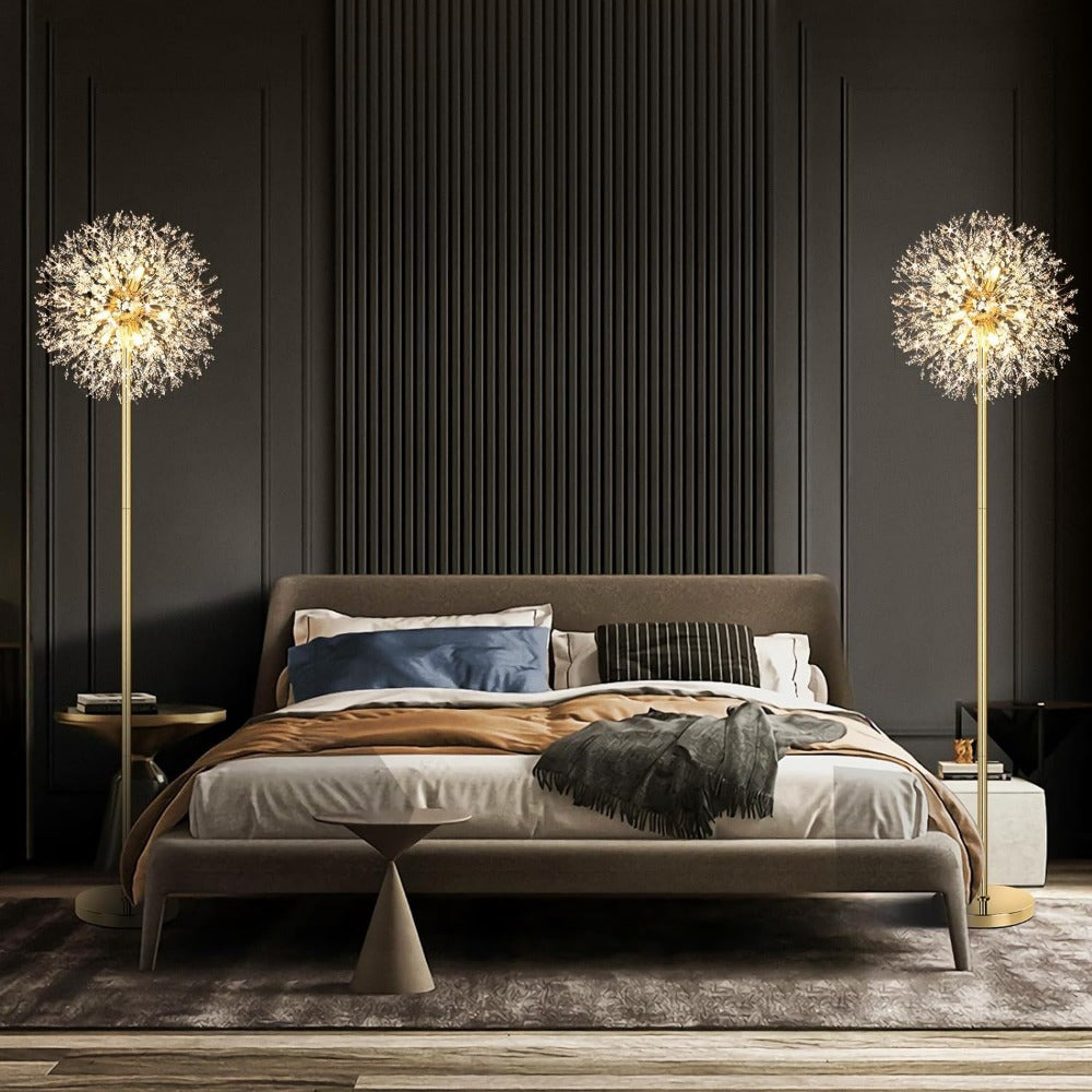 Beslowe 69'' Crystal Floor Lamp for Living Room, Modern Standing Lamp with 738pcs K9 Crystals, Tall Lamp Pole Light for Bedroom Office, Mid Century Golden Floor Lighting with 9 LED Bulbs, Antique Brass