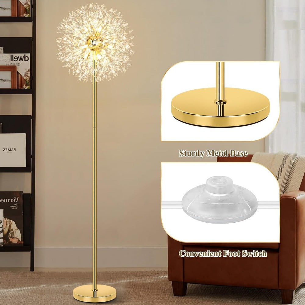 Beslowe 69'' Crystal Floor Lamp for Living Room, Modern Standing Lamp with 738pcs K9 Crystals, Tall Lamp Pole Light for Bedroom Office, Mid Century Golden Floor Lighting with 9 LED Bulbs, Antique Brass