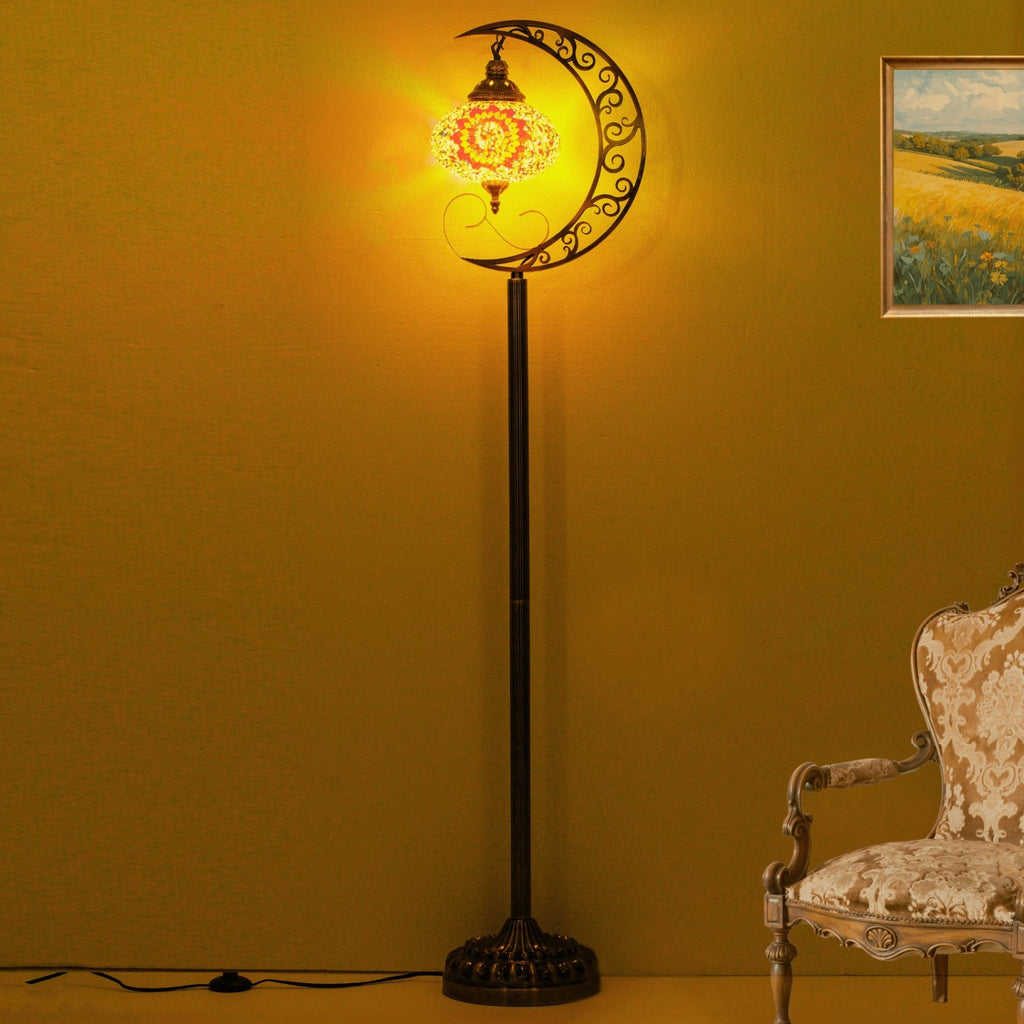 Handcrafted Turkish Boho Floor Lamp in The Shape of a 60-Inch Crescent, Featuring an 8-Inch Stained Glass Shade And Includes a Bulb, Ideal for Your Living Room