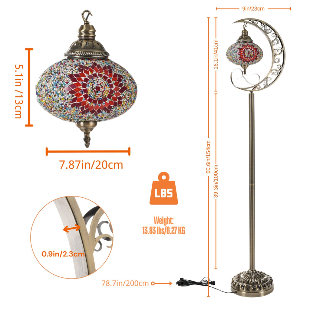 Handcrafted Turkish Boho Floor Lamp in The Shape of a 60-Inch Crescent, Featuring an 8-Inch Stained Glass Shade And Includes a Bulb, Ideal for Your Living Room