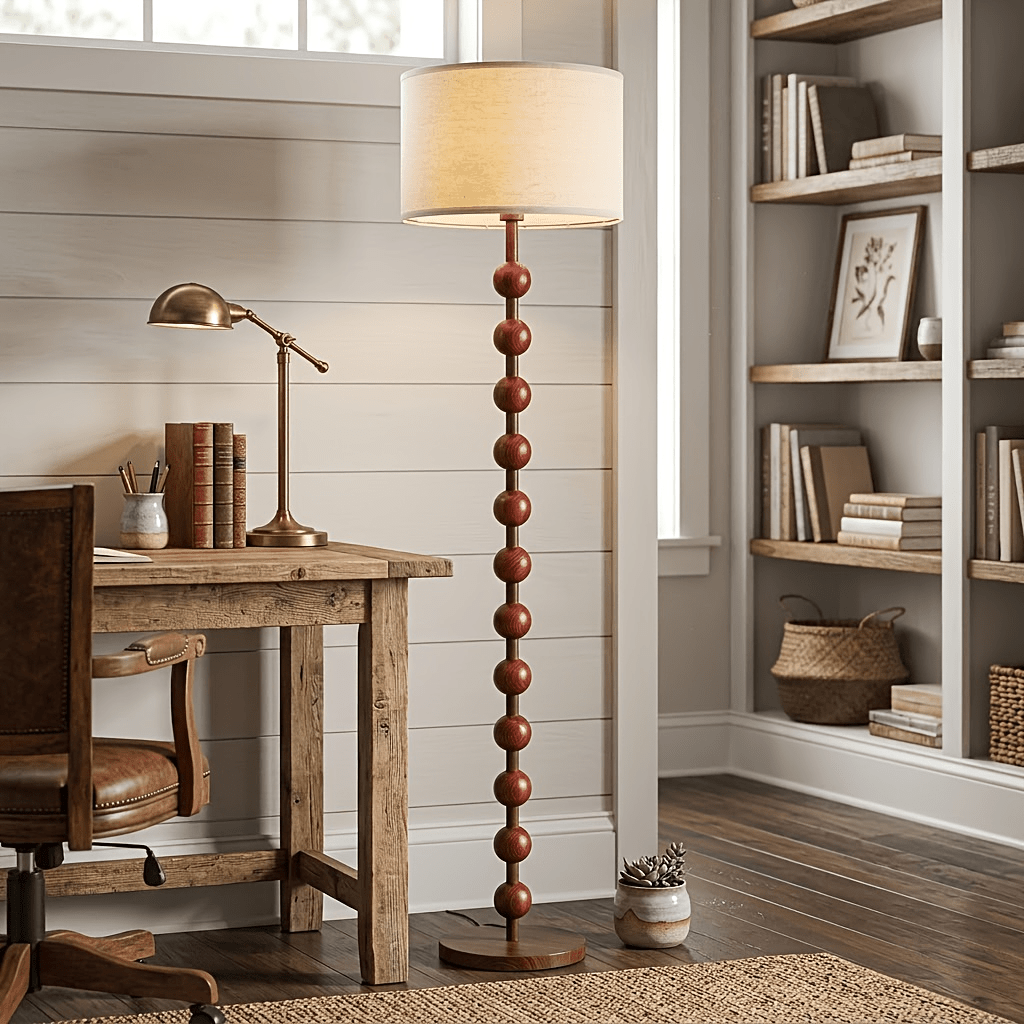 Modern 12-Bead Floor Lamp for Living Room Bedroom, Wood Pattern Tall Standing Wabi-sabi Zen Lamp Light for Home Office Dining Room with Fabric Shade