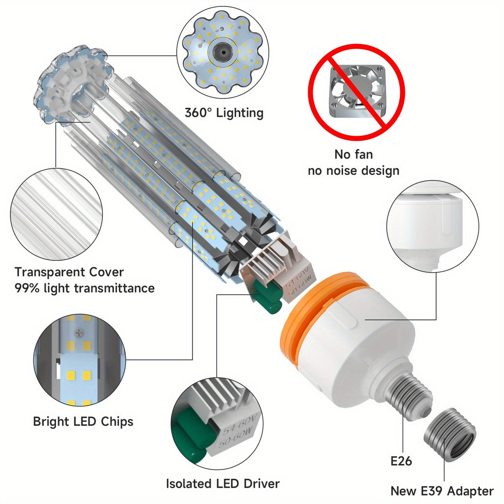 LED Corn Light Bulb, 2pcs 100W LED Corn Light Bulbs with 15000 Lumens, 5000k Daylight White Light Bulb, E26\u002FE39 Medium-sized Mogul Base, Used for Large-area Lighting Fixtures In Indoor Garages, Warehouses, And Other Places That Require Lighting