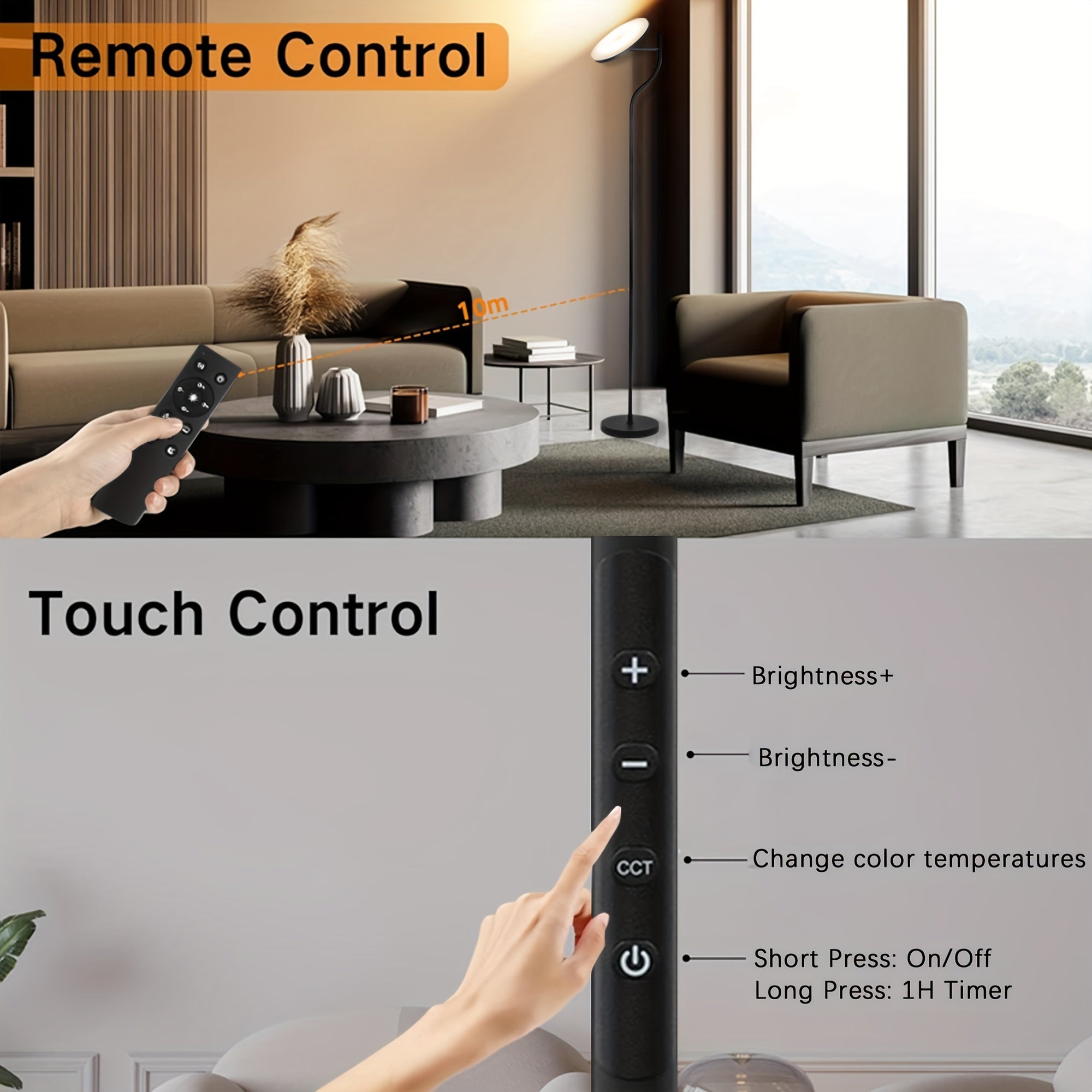 LED floor lamp dimmable in living room -36W rotating floor lamp black 4-color continuous dimming - floor lamp with remote control and touch control in living room, bedroom, office