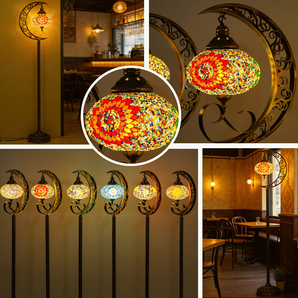 Handcrafted Turkish Boho Floor Lamp in The Shape of a 60-Inch Crescent, Featuring an 8-Inch Stained Glass Shade And Includes a Bulb, Ideal for Your Living Room