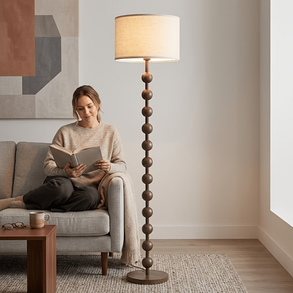 Modern 12-Bead Floor Lamp for Living Room Bedroom, Wood Pattern Tall Standing Wabi-sabi Zen Lamp Light for Home Office Dining Room with Fabric Shade
