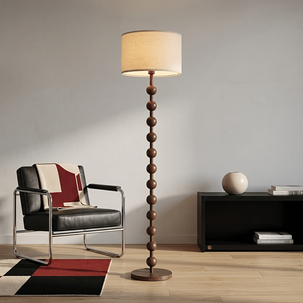 Modern 12-Bead Floor Lamp for Living Room Bedroom, Wood Pattern Tall Standing Wabi-sabi Zen Lamp Light for Home Office Dining Room with Fabric Shade