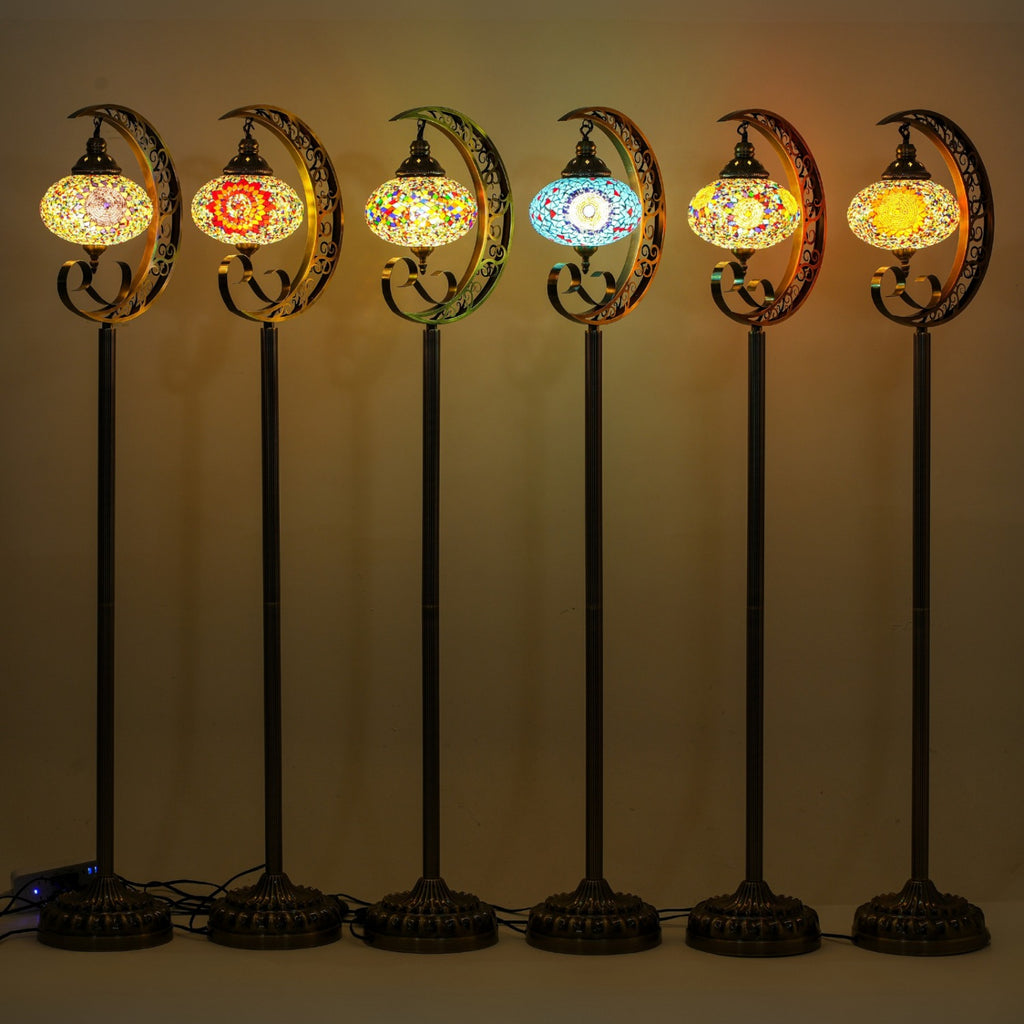 Handcrafted Turkish Boho Floor Lamp in The Shape of a 60-Inch Crescent, Featuring an 8-Inch Stained Glass Shade And Includes a Bulb, Ideal for Your Living Room