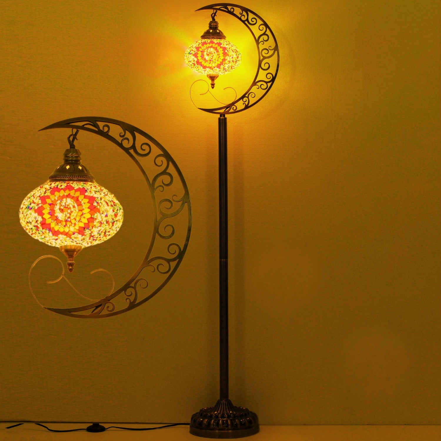 Handcrafted Turkish Boho Floor Lamp in The Shape of a 60-Inch Crescent, Featuring an 8-Inch Stained Glass Shade And Includes a Bulb, Ideal for Your Living Room