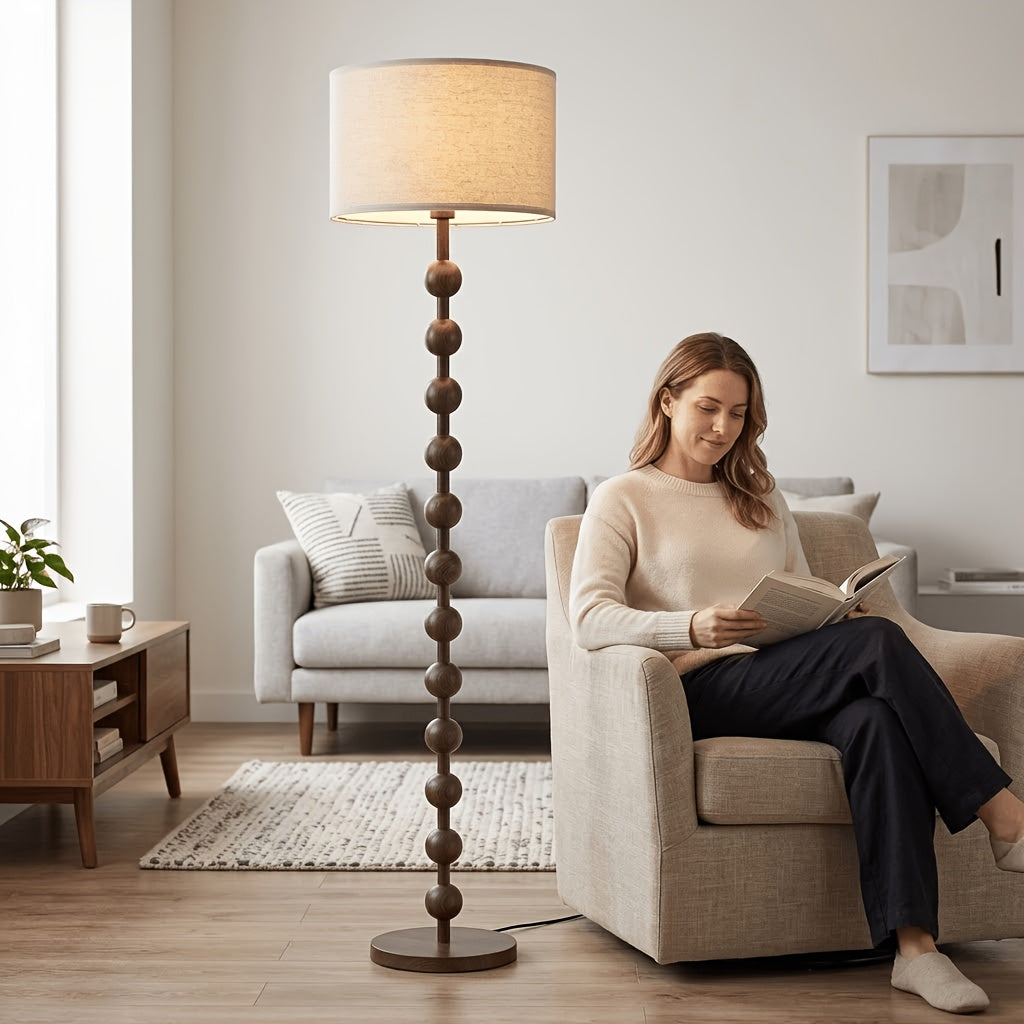 Modern 12-Bead Floor Lamp for Living Room Bedroom, Wood Pattern Tall Standing Wabi-sabi Zen Lamp Light for Home Office Dining Room with Fabric Shade