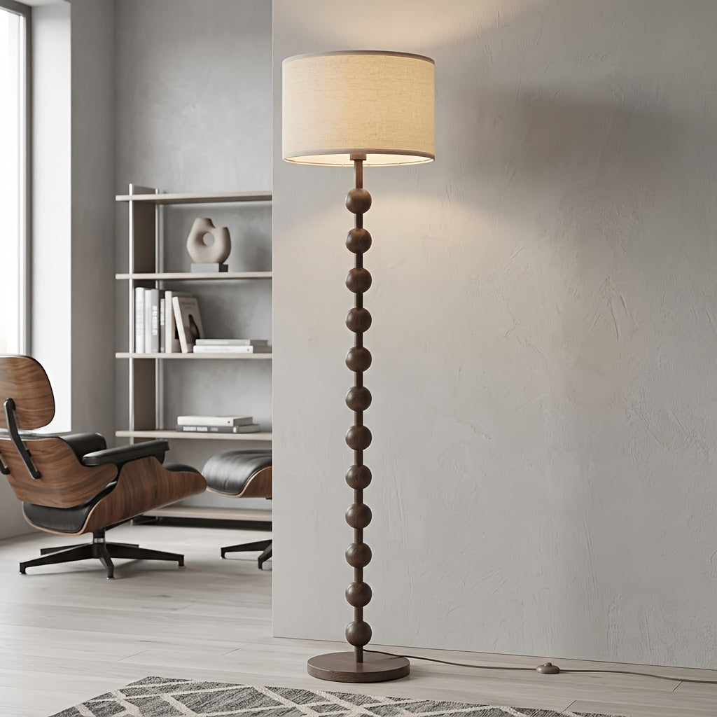 Modern 12-Bead Floor Lamp for Living Room Bedroom, Wood Pattern Tall Standing Wabi-sabi Zen Lamp Light for Home Office Dining Room with Fabric Shade